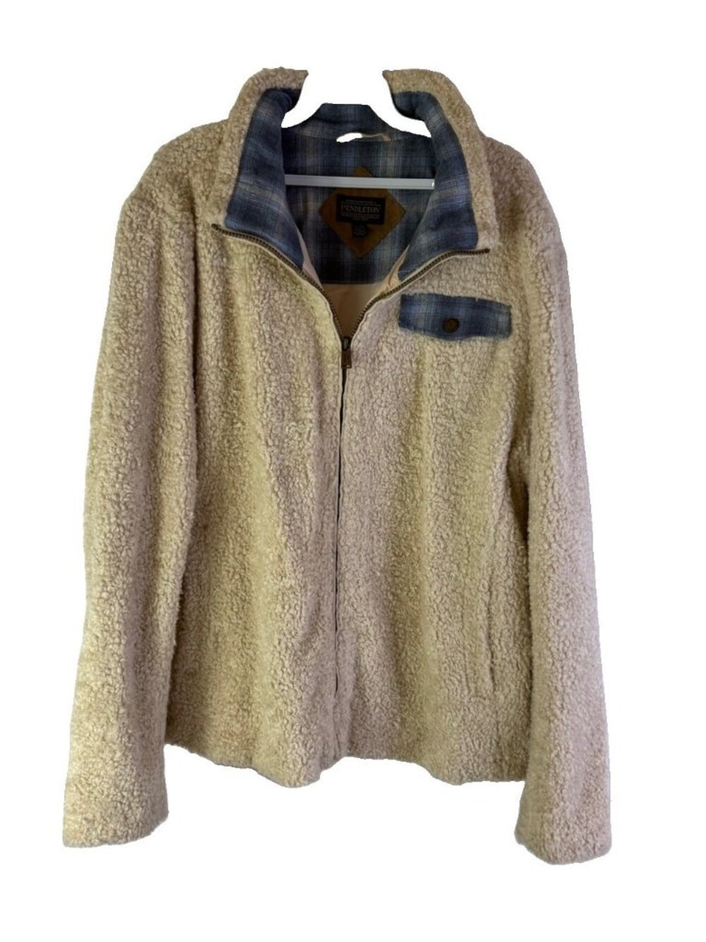 Pendleton Jacket Deep Pile Fleece Teddy Plaid Wool Contrast Ivory